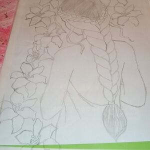 Floral Braided Hair Sketch Art Print